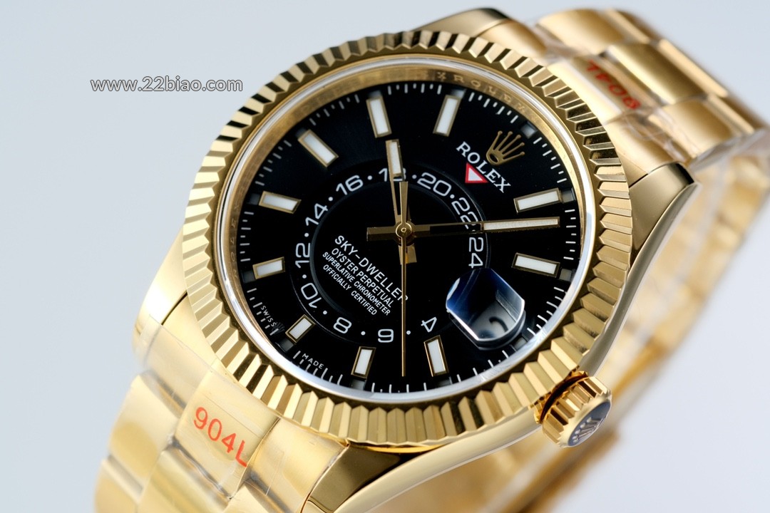 Super Clone BBF Factory Rolex Sky-Dweller 336938, Dual Time Zone, 904L Gold-Plated Black Dial Oyster Bracelet Men's Watch