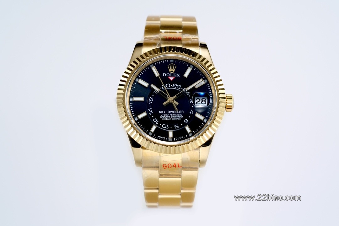 Super Clone BBF Factory Rolex Sky-Dweller 336938, Dual Time Zone, 904L Gold-Plated Black Dial Oyster Bracelet Men's Watch