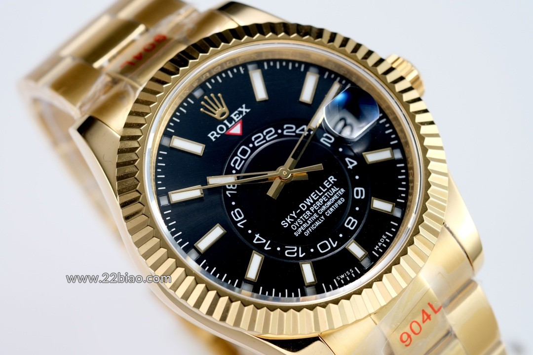 Super Clone BBF Factory Rolex Sky-Dweller 336938, Dual Time Zone, 904L Gold-Plated Black Dial Oyster Bracelet Men's Watch