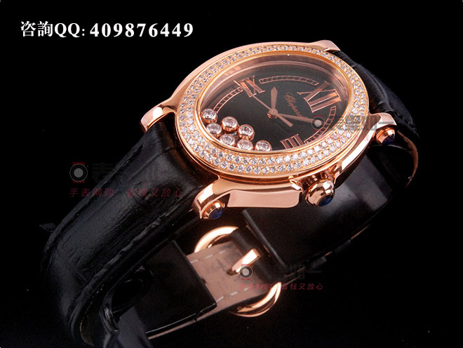 【1:1 Fine Quality】Chopard Ladies' Happy Sport Series Moving Diamonds Black Diamond-Set Rose Gold Ladies' Watch