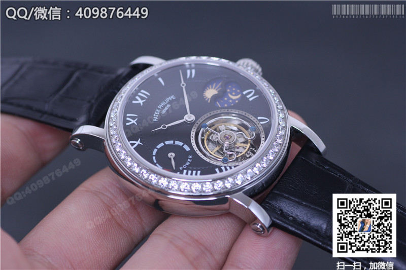 Patek Philippe Grand Complications series Moon and Star Phase Tourbillon watch with diamond-set stainless steel bezel