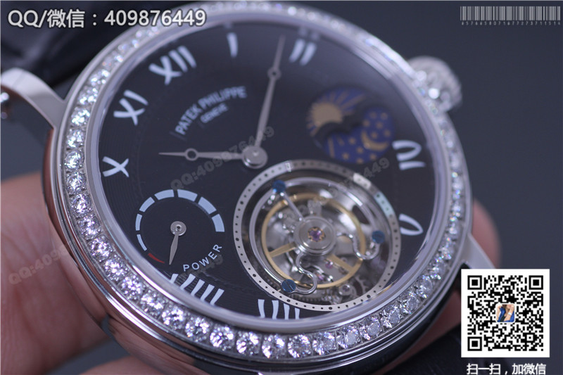 Patek Philippe Grand Complications series Moon and Star Phase Tourbillon watch with diamond-set stainless steel bezel