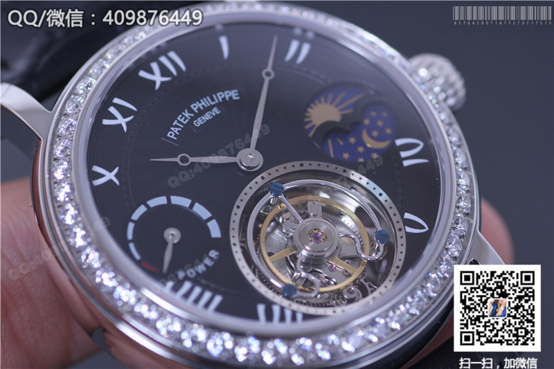 Patek Philippe Grand Complications series Moon and Star Phase Tourbillon watch with diamond-set stainless steel bezel