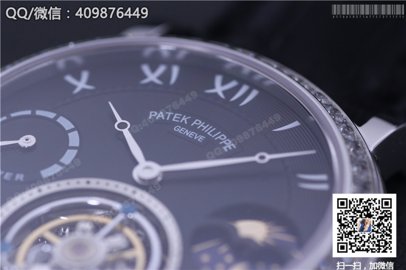 Patek Philippe Grand Complications series Moon and Star Phase Tourbillon watch with diamond-set stainless steel bezel