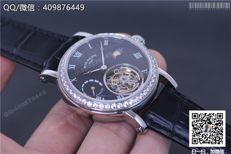 Patek Philippe Grand Complications series Moon and Star Phase Tourbillon watch with diamond-set stainless steel bezel