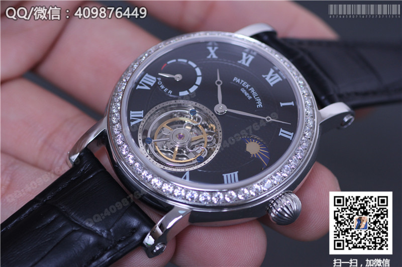 Patek Philippe Grand Complications series Moon and Star Phase Tourbillon watch with diamond-set stainless steel bezel