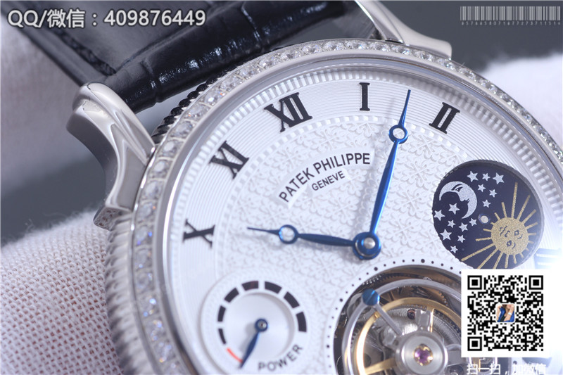 Patek Philippe Grand Complications tourbillon watch, sun, moon and stars model, stainless steel fluted bezel with diamonds