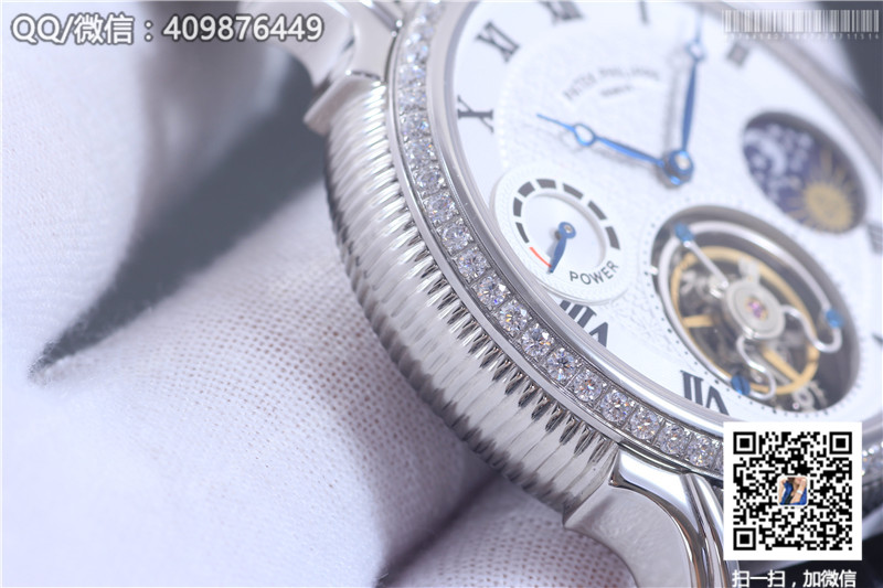 Patek Philippe Grand Complications tourbillon watch, sun, moon and stars model, stainless steel fluted bezel with diamonds