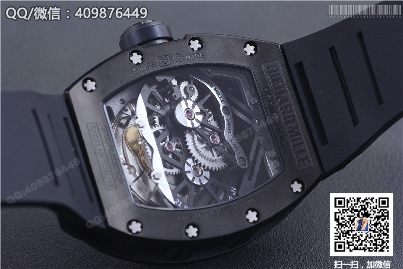 Zegarek męski Richard Mille RM 053, czarna stalowa koperta, czarny gumowy pasek