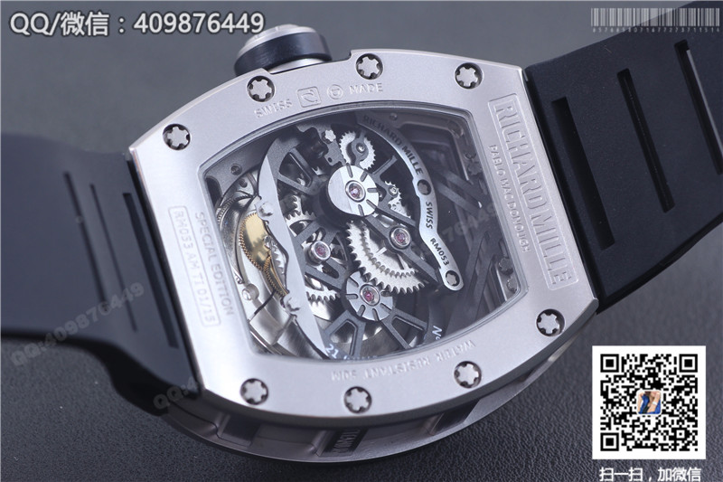 นาฬิกา Richard Mille ซีรีส์สำหรับผู้ชาย รุ่น RM 053, ตัวเรือนสแตนเลสสตีล, หน้าปัดสีเงิน, สายยางสีดำ