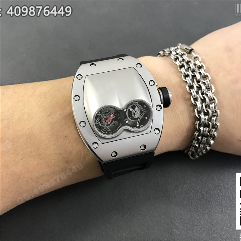 นาฬิกา Richard Mille ซีรีส์สำหรับผู้ชาย รุ่น RM 053, ตัวเรือนสแตนเลสสตีล, หน้าปัดสีเงิน, สายยางสีดำ