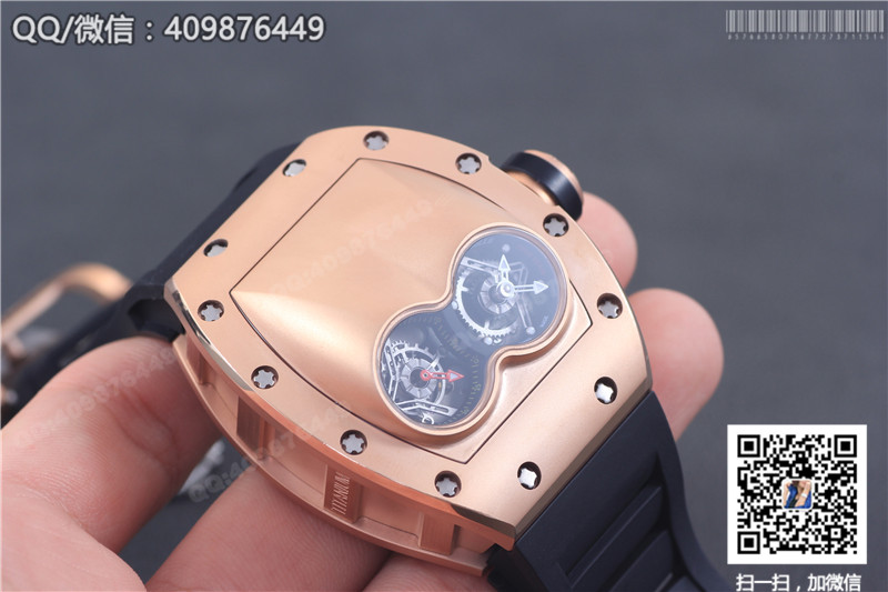 นาฬิกา Richard Mille ซีรีส์สำหรับผู้ชาย รุ่น RM 053, ตัวเรือนพิงก์โกลด์, หน้าปัดสีทอง, สายยางสีดำ