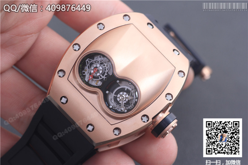 นาฬิกา Richard Mille ซีรีส์สำหรับผู้ชาย รุ่น RM 053, ตัวเรือนพิงก์โกลด์, หน้าปัดสีทอง, สายยางสีดำ