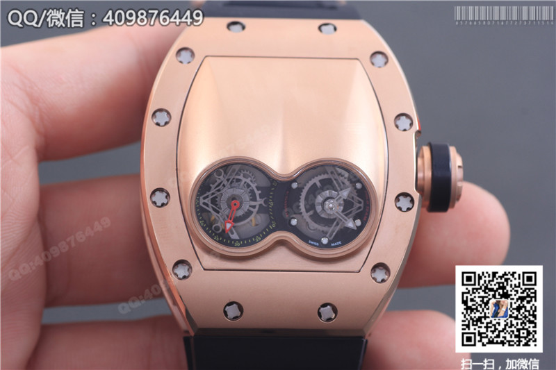 นาฬิกา Richard Mille ซีรีส์สำหรับผู้ชาย รุ่น RM 053, ตัวเรือนพิงก์โกลด์, หน้าปัดสีทอง, สายยางสีดำ
