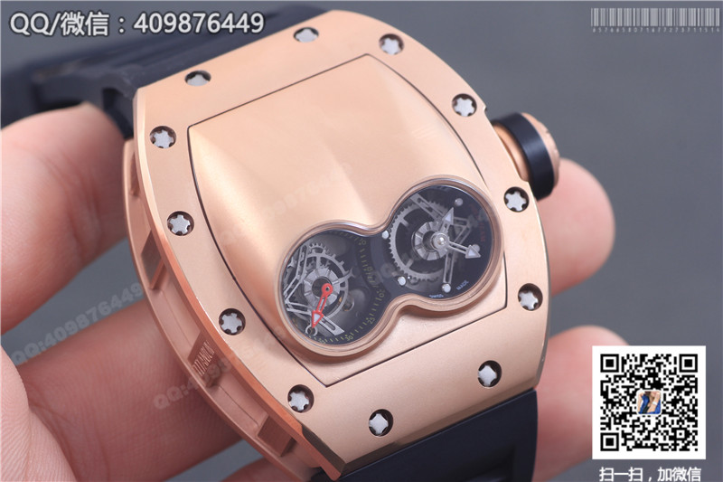 นาฬิกา Richard Mille ซีรีส์สำหรับผู้ชาย รุ่น RM 053, ตัวเรือนพิงก์โกลด์, หน้าปัดสีทอง, สายยางสีดำ