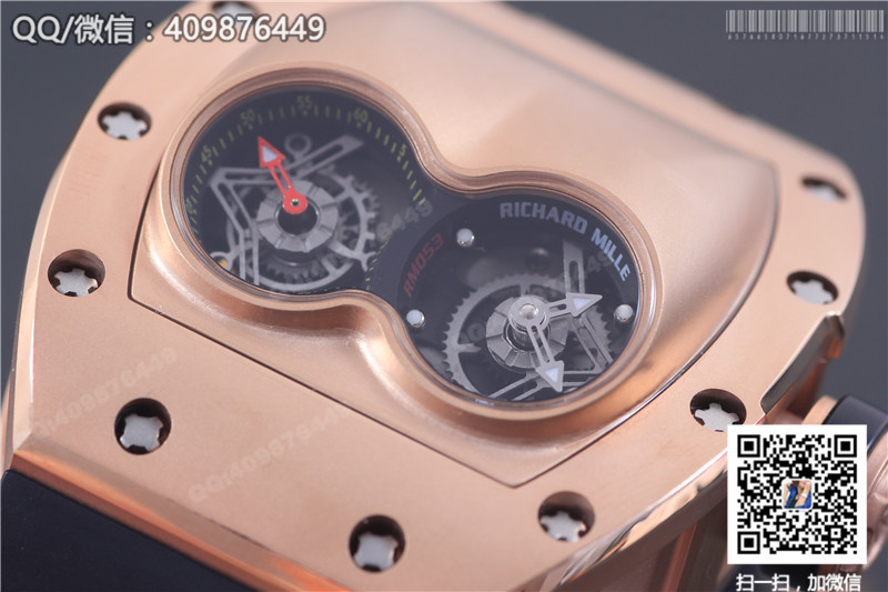 นาฬิกา Richard Mille ซีรีส์สำหรับผู้ชาย รุ่น RM 053, ตัวเรือนพิงก์โกลด์, หน้าปัดสีทอง, สายยางสีดำ