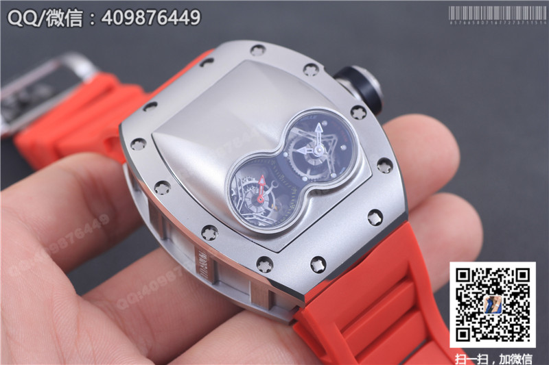 Ceas Richard Mille pentru bărbați seria RM 053, carcasă din oțel inoxidabil, cadran argintiu, curea din cauciuc roșu