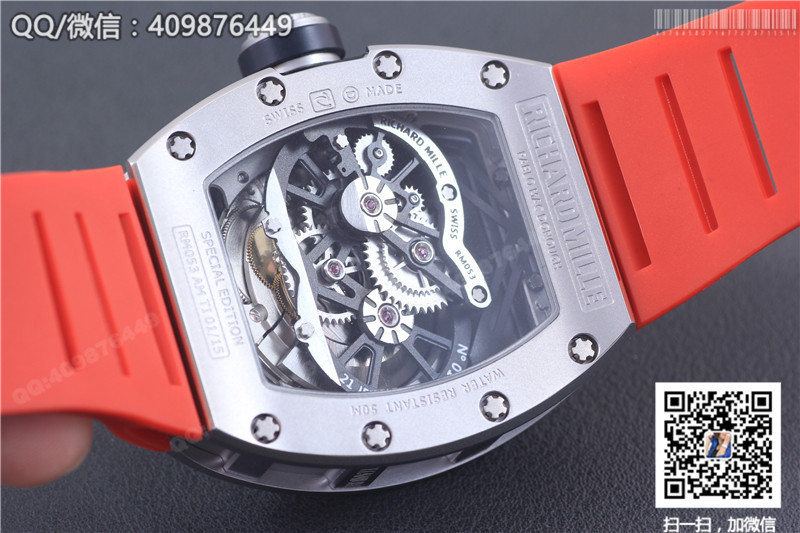 Ceas Richard Mille pentru bărbați seria RM 053, carcasă din oțel inoxidabil, cadran argintiu, curea din cauciuc roșu