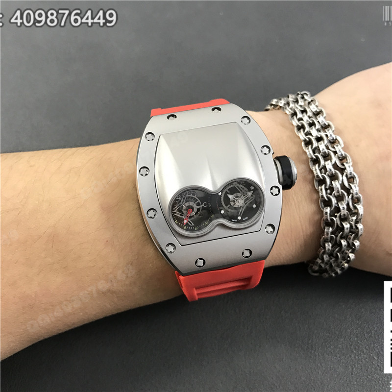 Ceas Richard Mille pentru bărbați seria RM 053, carcasă din oțel inoxidabil, cadran argintiu, curea din cauciuc roșu