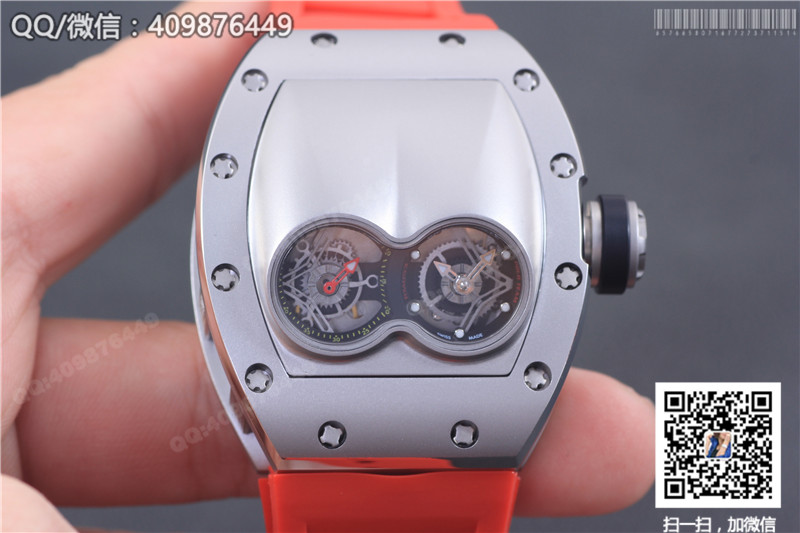 Ceas Richard Mille pentru bărbați seria RM 053, carcasă din oțel inoxidabil, cadran argintiu, curea din cauciuc roșu