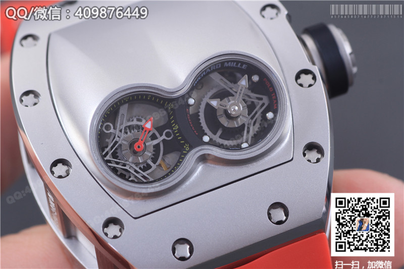 Ceas Richard Mille pentru bărbați seria RM 053, carcasă din oțel inoxidabil, cadran argintiu, curea din cauciuc roșu