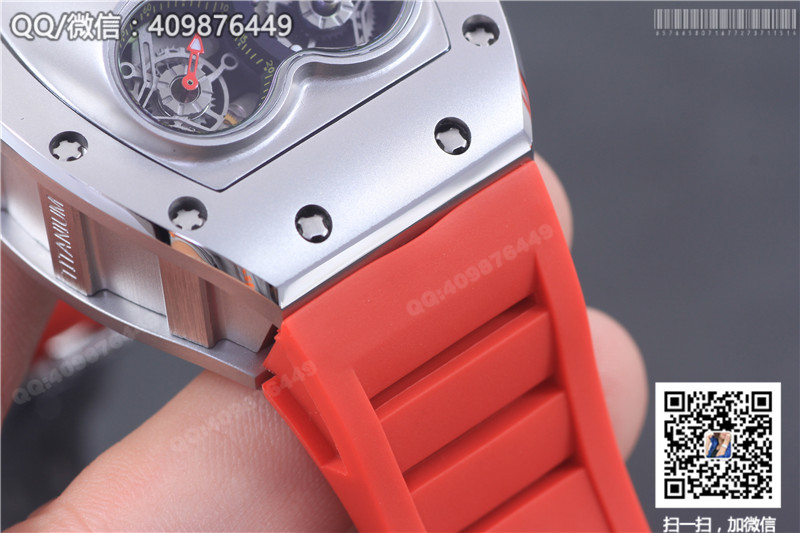 Ceas Richard Mille pentru bărbați seria RM 053, carcasă din oțel inoxidabil, cadran argintiu, curea din cauciuc roșu