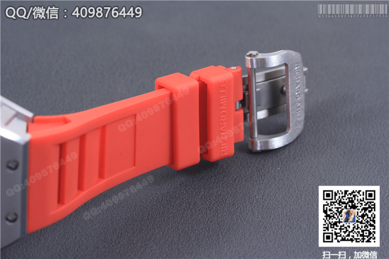 Ceas Richard Mille pentru bărbați seria RM 053, carcasă din oțel inoxidabil, cadran argintiu, curea din cauciuc roșu
