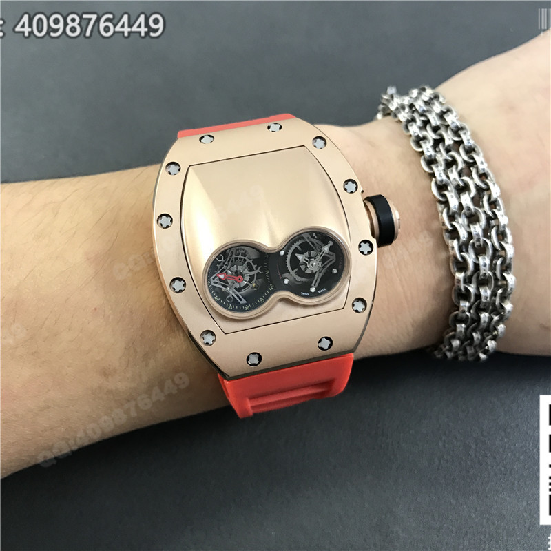 Richard Mille men's series RM 053 watch, rose gold case, gold dial, red rubber strap