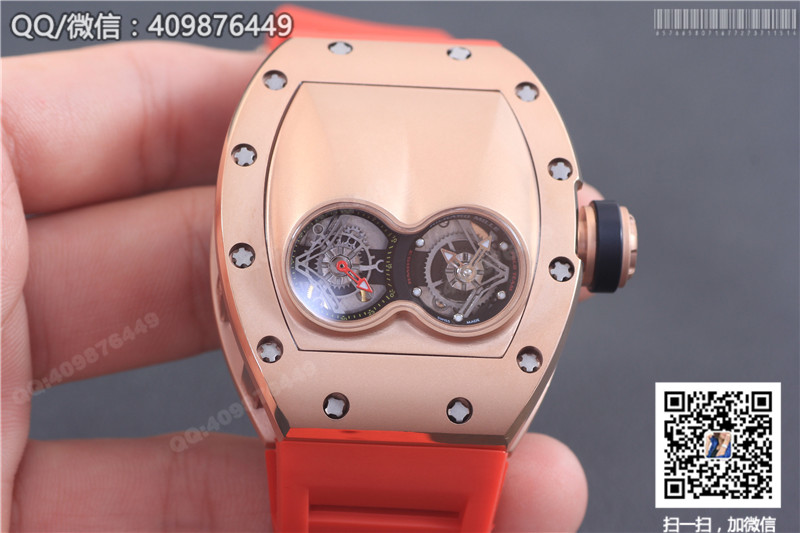 Richard Mille men's series RM 053 watch, rose gold case, gold dial, red rubber strap