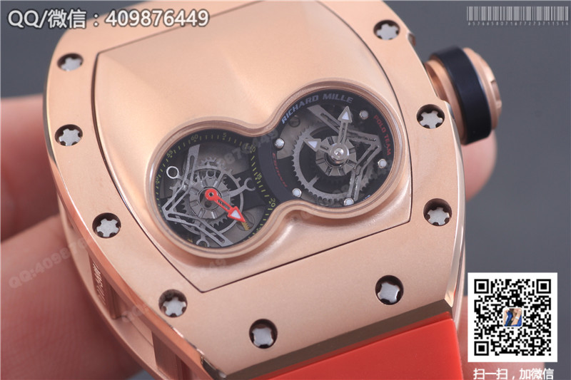 Richard Mille men's series RM 053 watch, rose gold case, gold dial, red rubber strap
