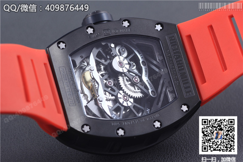 Richard Mille men's series RM 053 watch, black steel case, black dial, red rubber strap