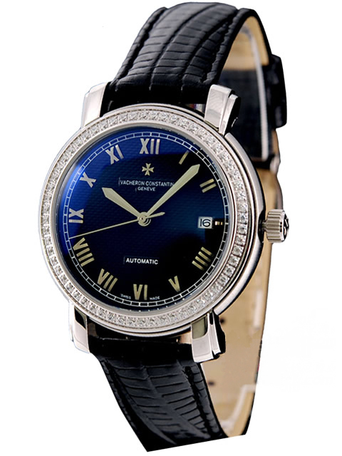 Vacheron Constantin automatic mechanical skeleton case back diamond-set watch with black genuine lea...