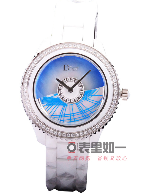 Dior Ladies' Fashion Quartz Watch White Ceramic Blue Spinning Rotor 38*13mm