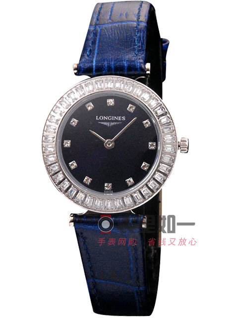Longines mother-of-pearl dial, diamond-set ladies' quartz watch, blue dial, blue leather strap