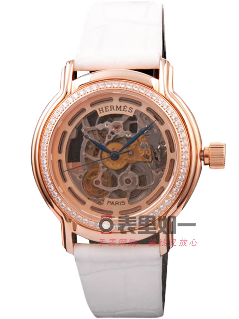 Hermès Fashion Skeleton Automatic Mechanical Watch, Rose Gold Case, Diamond-Set Bezel