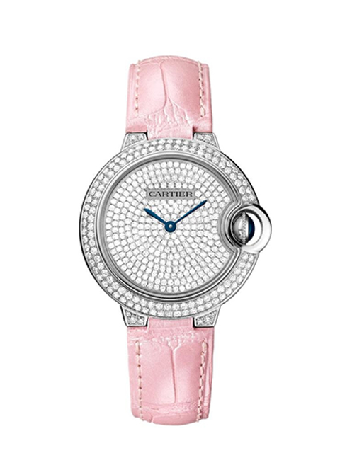 Cartier Ballon Blue Medium White Steel Diamond Bezel Full Diamond Leather Strap Version