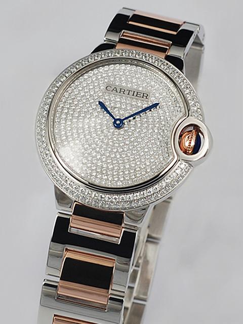Cartier Ballon Blue Medium White Steel Diamond Bezel Full Diamond Two-Tone Steel Bracelet