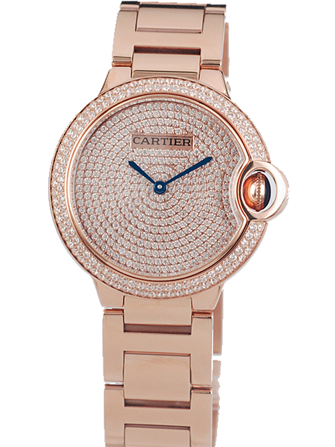 Cartier Ballon Blue Medium Rose Gold Full Diamond Steel Bracelet Watch
