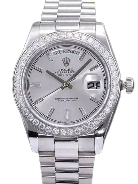 Premium Rolex Day-Date Collection 228396TBR Silver Diamond-Set Dial Watch