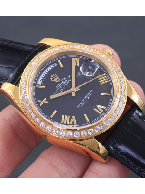 Premium Rolex Day-Date Series Automatic Mechanical Men's Watch Black Dial Diamond-set