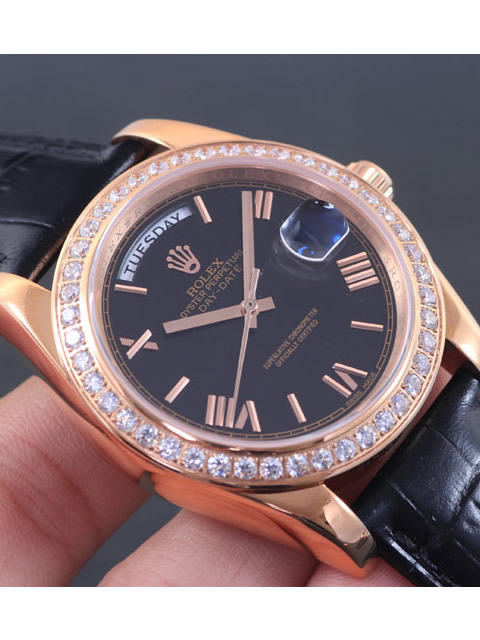 Premium Rolex Day-Date Series Automatic Mechanical Men's Watch Black Dial Diamond-set